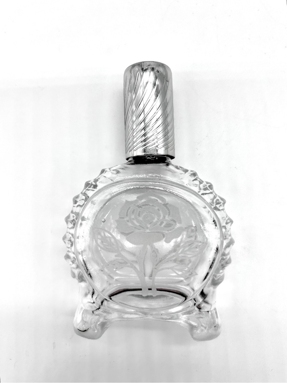 Vintage Maxi Perfume Bottle – Etched Roses – Silver Cap – Bull Head Mark